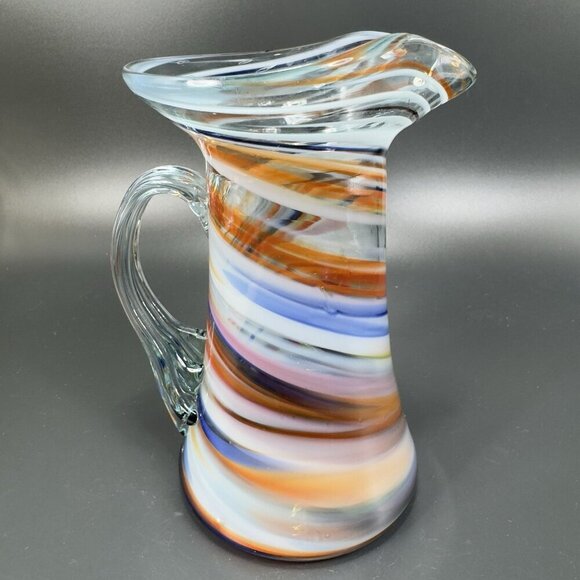 Smiths Old Timer Hand Made Multi Swirl Glass Pitcher Carafe Jug Applied Handle - Picture 1 of 12